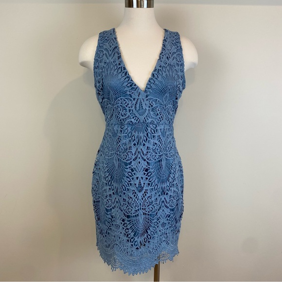 Lulus Dresses & Skirts - Lulus Truly Beloved Dusty Blue Crochet Lace Sheath Mini Dress Sz M Cocktails